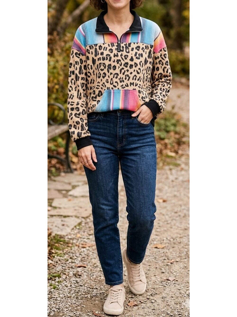Women's Long Sleeve Rainbow Cheetah 1/4 Zip Shirt Medium Y2k Vintage 90s Animal